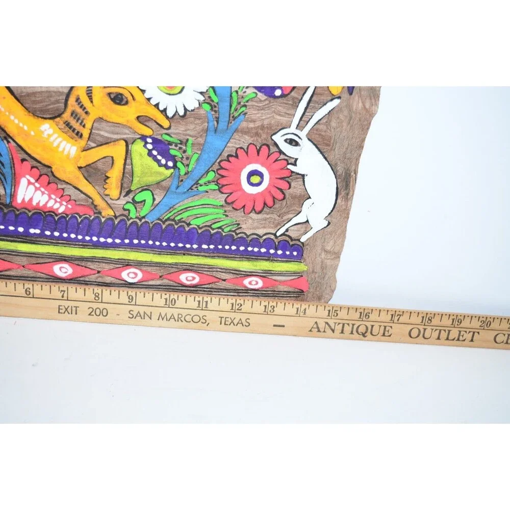 Vtg Mexican Folk Art Amate‎ Bark Painting Bright Colors Flowers Fox Rabbit bunny